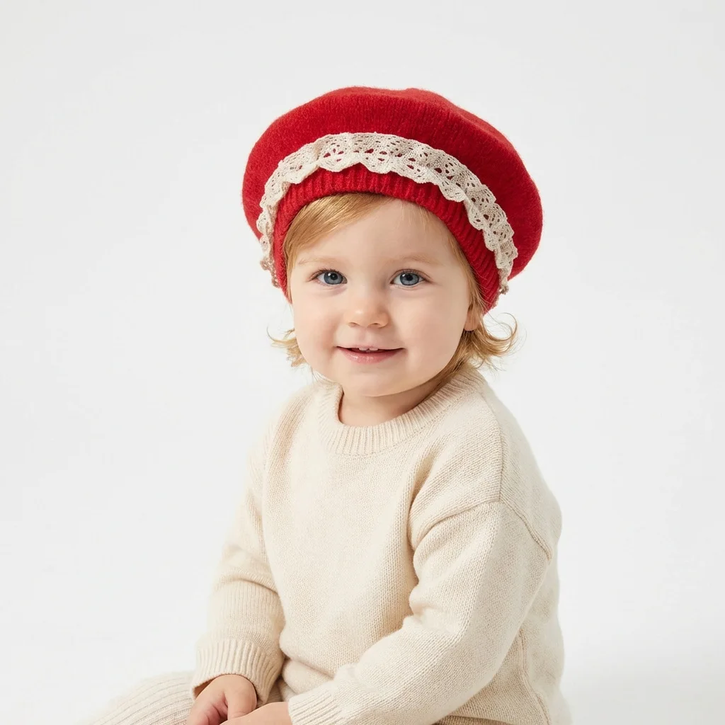 Baby Hat Spring and Autumn Wool Hat Beret for Infants and Toddlers Korean Style Lace Trim Knitted Hat Cute and Warm