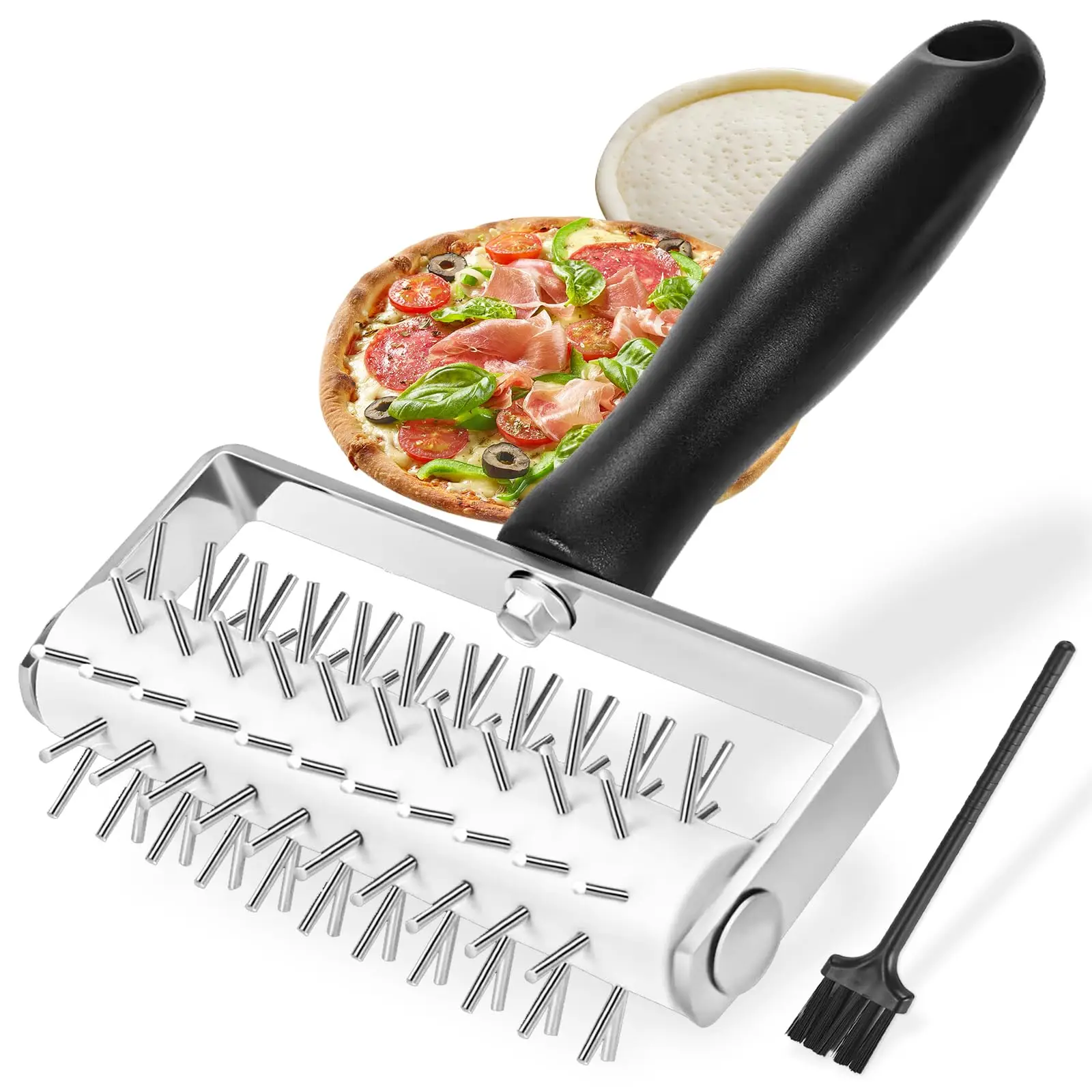 

Stainless Steel Pizza Tool Dough Puncher, Roller Knife, Cheese Stick Press Bread Cutter With Cleaning Brush