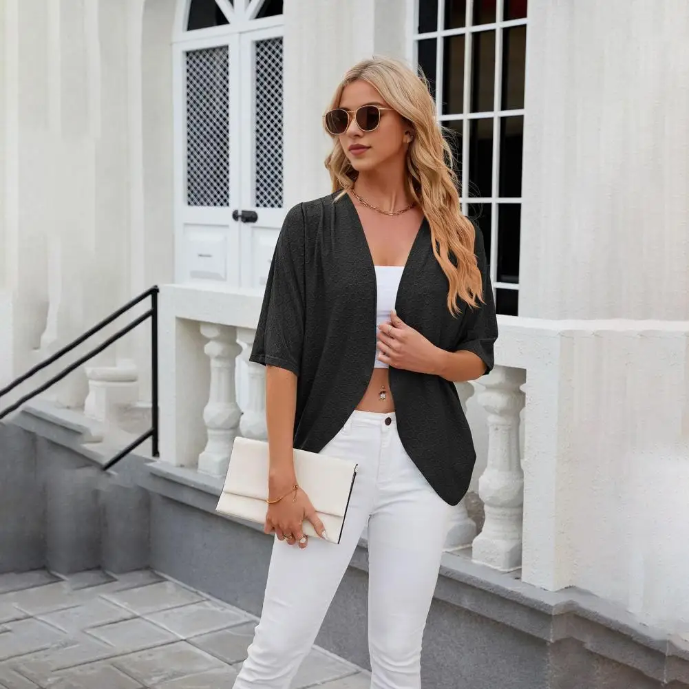 

Cardigan Stylish Hollow Out Knitting Cardigan for Women Half Sleeve Outerwear with Open Collar Lightweight for Spring