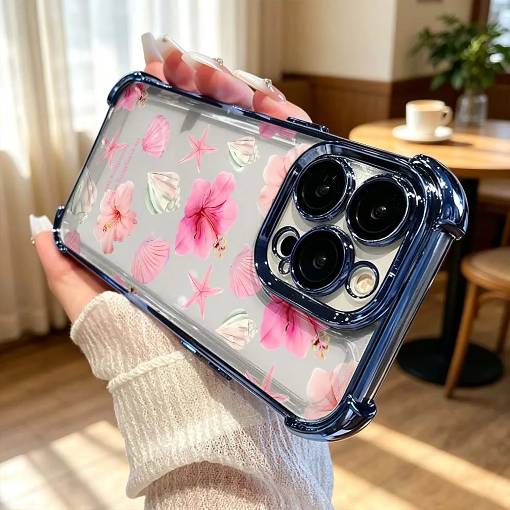 Pink Hibiscus Flower Pattern For iPhone 18 17 16 15 14 13 Pro Max Plus Electroplating Anti Fall Phone Case