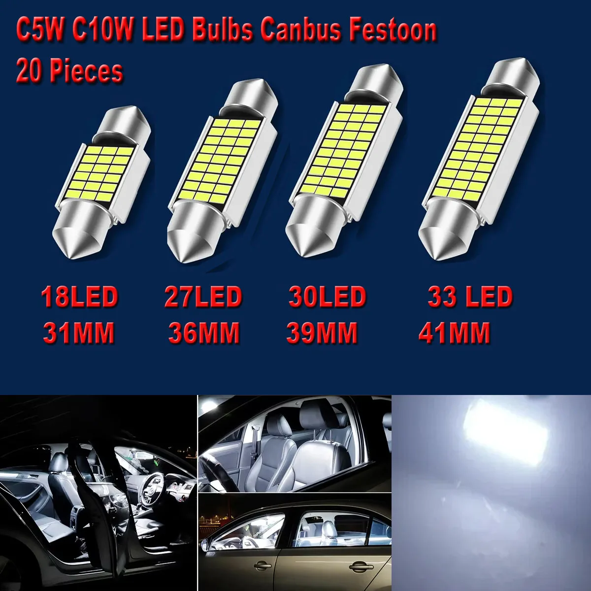 20 Pcs C5W C10W LED Bulbs Canbus Festoon 31mm 36mm 39mm 41mm Car License Plate Light Auto Interior Reading Dome Lamp 6000k 12V