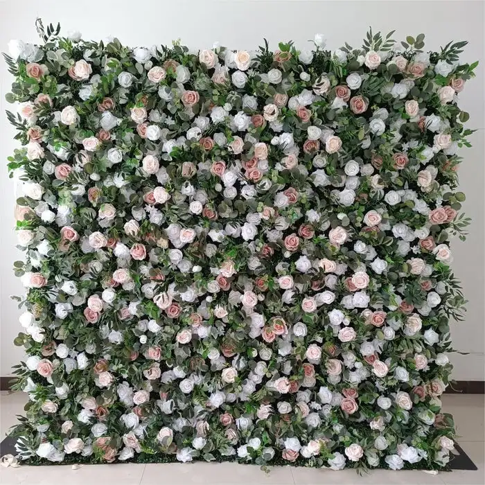 

3D luxury green Eucalyptus willow leaves White roses artificial flower wall wedding background decoration birthday arrangement