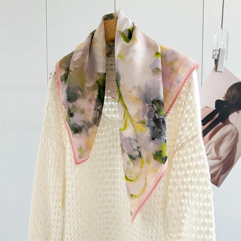 100% Mulberry Silk Impressionist Oil Painting White Lily Scarf White Base Pink Dot Trim Bandana Women Office Spring Travel Gift