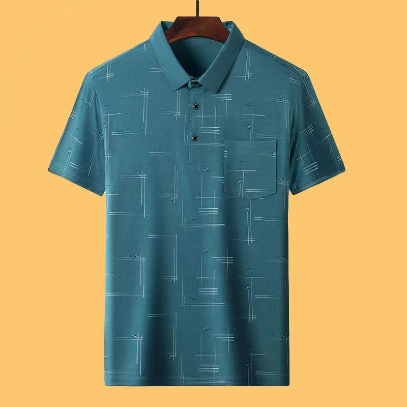 Polo con estampado de moda para hombre, camiseta informal de manga corta, holgada, de seda de hielo, con botón y bolsillo, cómoda y transpirable