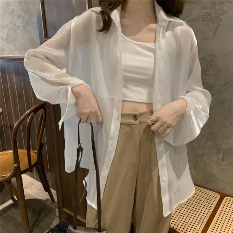 QWEEK  Satin Oversized Long Sleeve Shirt Woman Basic Office Ladies Blouses Korean Fashion Summer Transparent  Aesthetic 2024