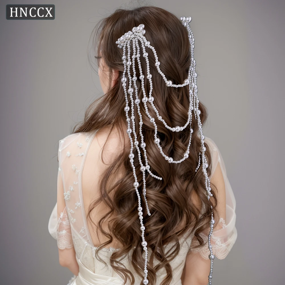 HNCCX Bride Pearl Hair Comb Long Tassels Wedding Hair Vine Hair Accessories Long Headband Handmade Party Headpieces CP752