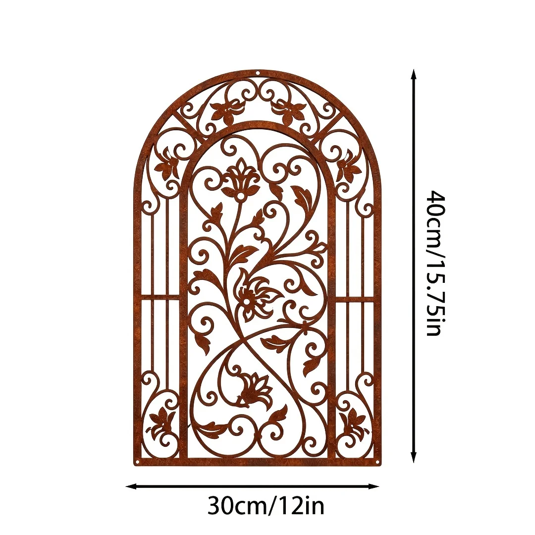 1Pvs Vintage Rusty Metal Large Arch-Shaped Hollow Wall Decoration European-Style Iron Art Vine Floral Church Window Design Wall Hanging 2D Flat Outdoor Garden Terrace Indoor Wall Decoration Spanish Mediterranean Style Hanging Ornament