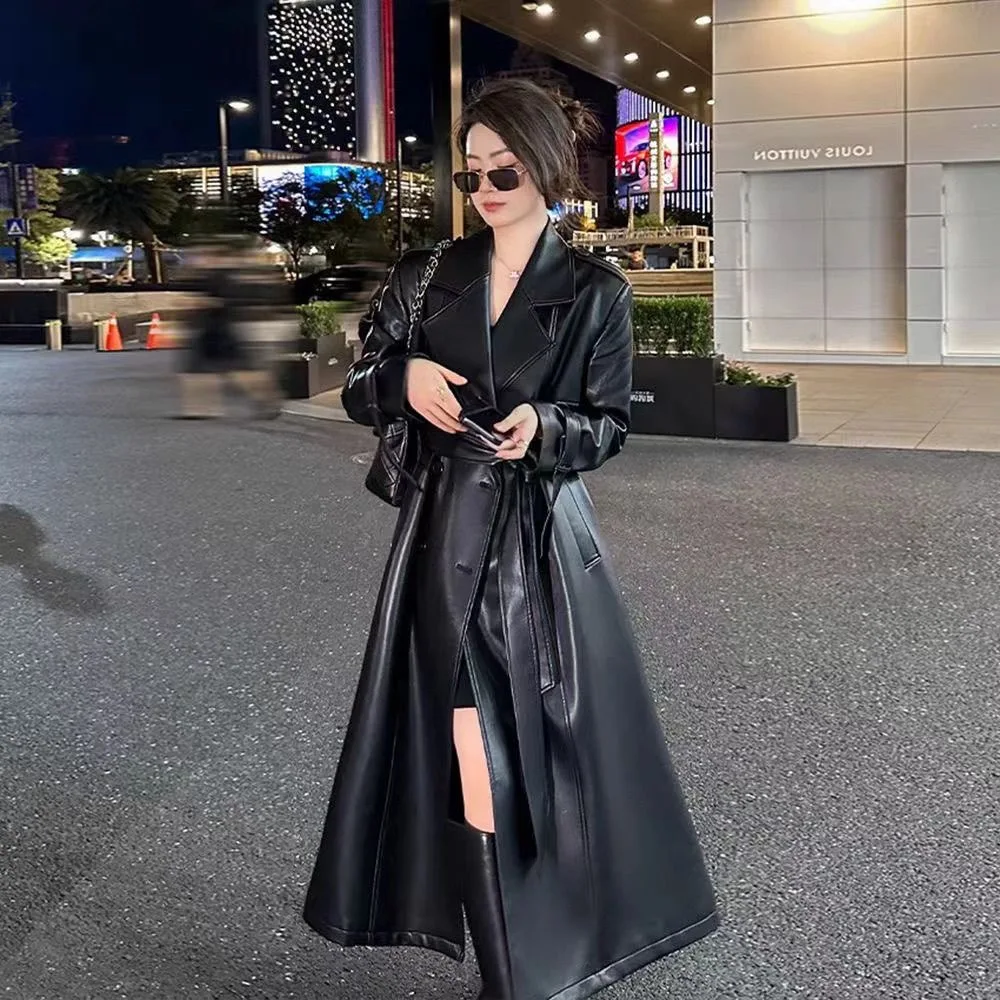 Autumn Black Waterproof Pu Leather Trench Coat for Women Long Sleeve Belt Double Breasted Autumn Designer Fashion