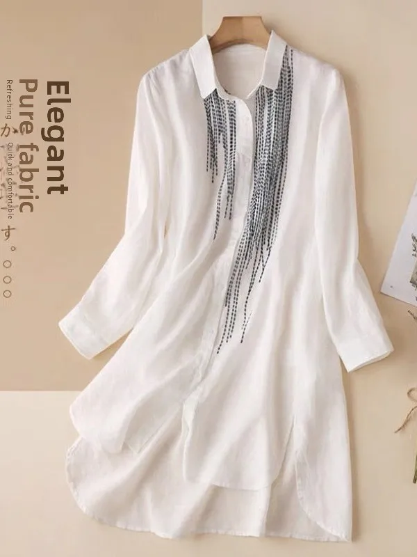 

Футболка средней длины с вышивкой irt Long Sve, женская модная весенне-осенняя одежда с воротником и пуговицами больших размеров