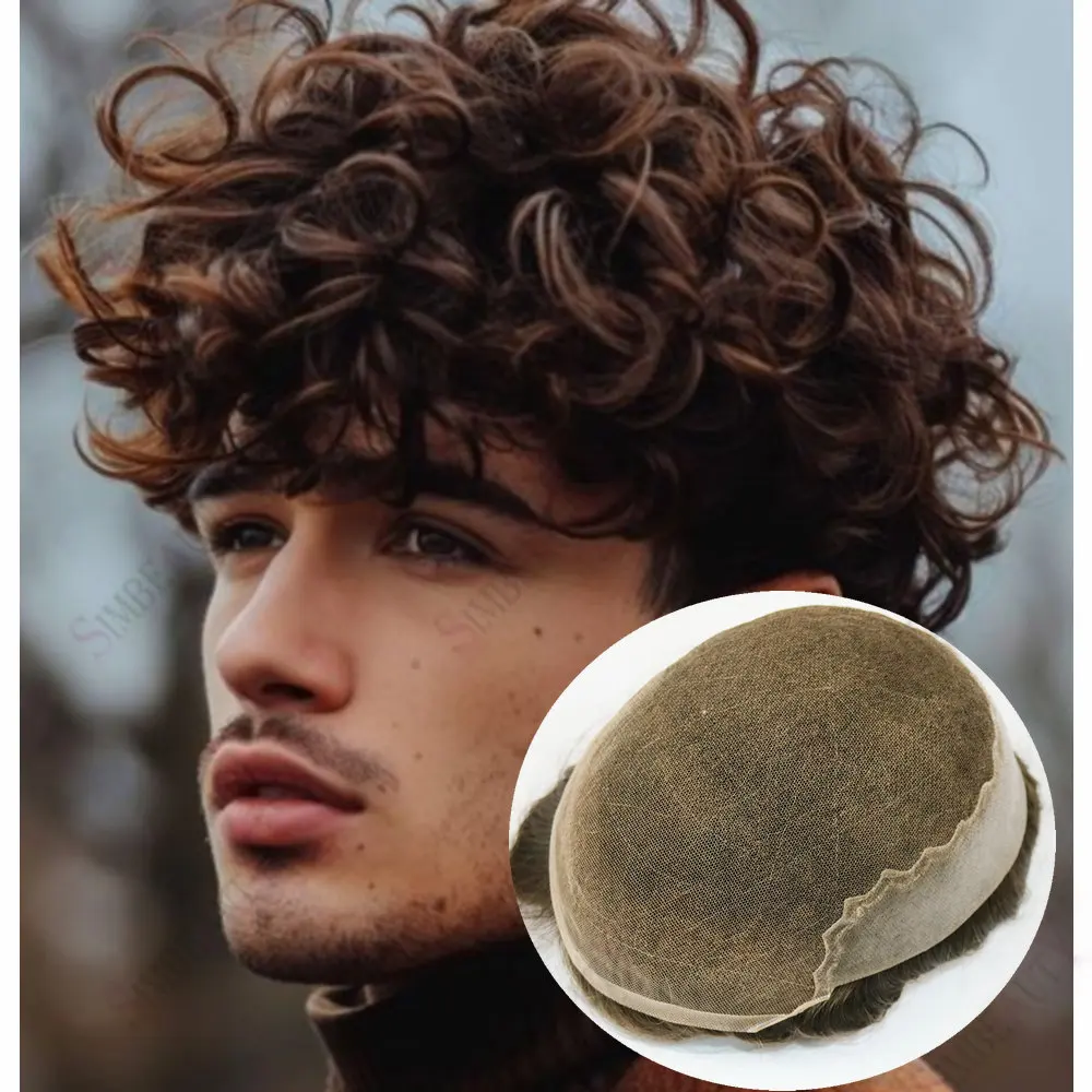 28 مللي متر مجعد طبيعي غير قابل للاكتشاف الدانتيل الجبهة Q6Men الشعرية الاصطناعية تنفس رجل الشعر المستعار بني رمادي أسود الشعر البشري الأوروبي