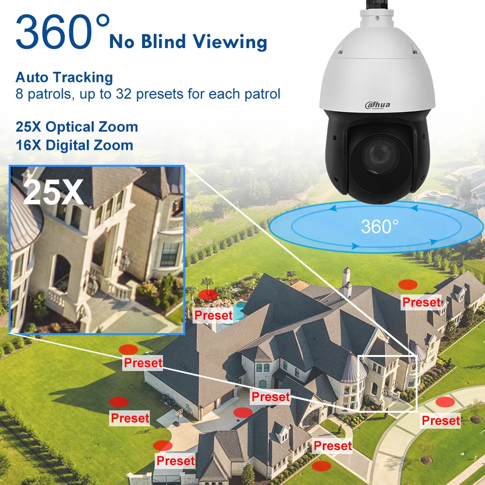 Dahua Original SD49825GB-HNR 5-125 mm 8 MP 25x Zoom Starlight 100M IR POE Network PTZ Camera Perimeter Protection Face Detection