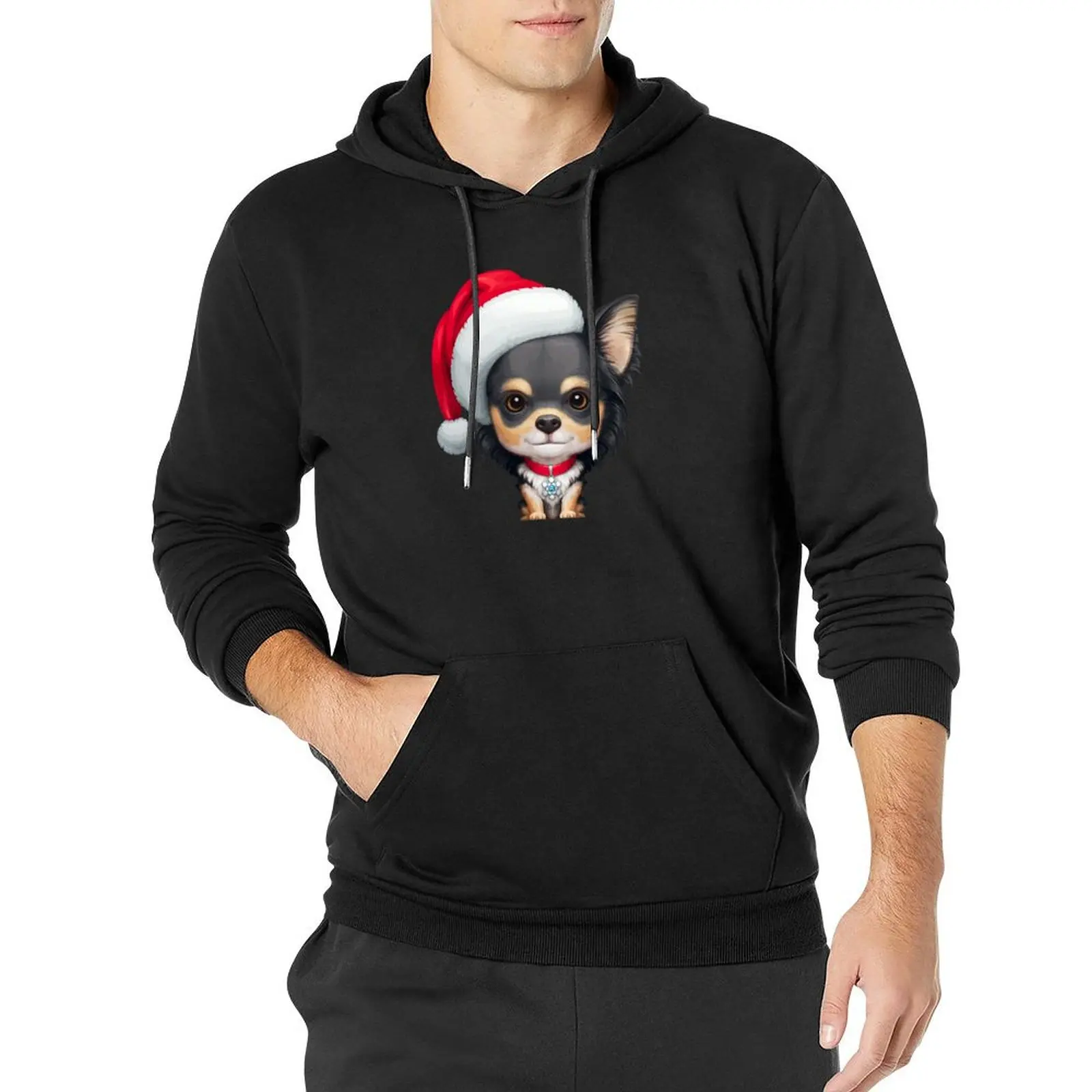 Long Coat Tricolor Chihuahua Dog Wearing Santa Hat Pullover Hoodie autumn jacket men new in hoodies & sweatshirts