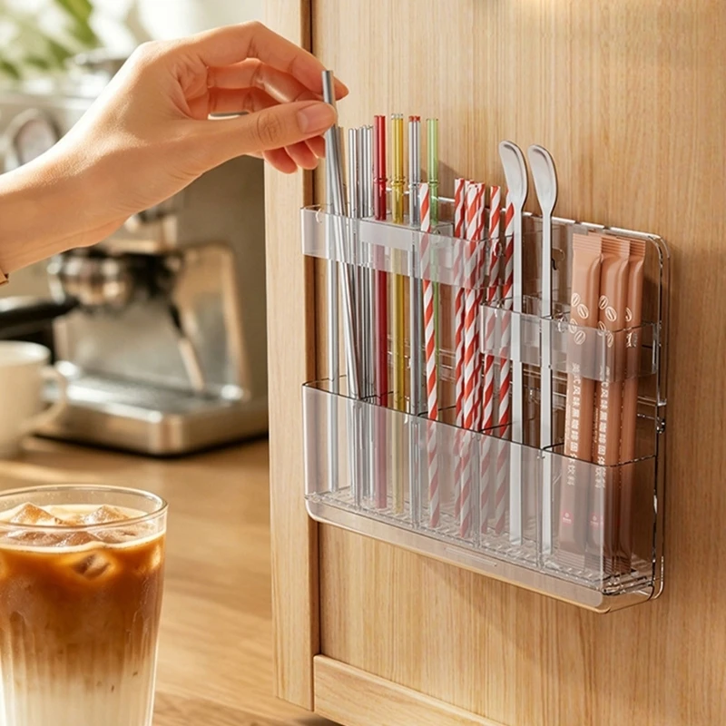Clear Wall-Mountable Flatware Holder, Compartmented PET Storage for Chopsticks and Straws in Separated, Easy-to-Identify JOMD