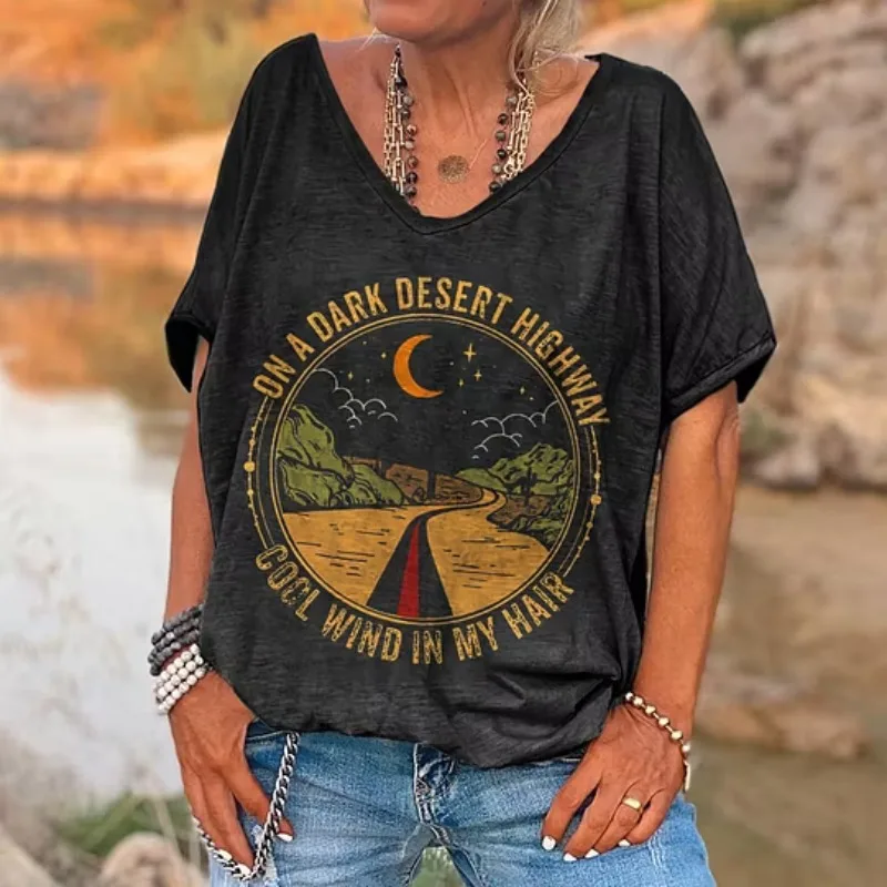 ilstile 2025 New Women's V-neck T-shirt Oversized On A Dark Desert Highway Print Casual Short Sleeve Summer Tops