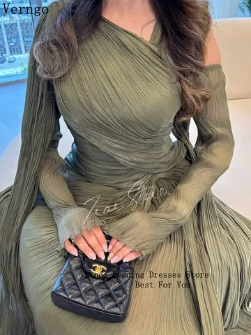 Verngo Grön Glänsande Aftonklänning O-ringning Långärmad Formellt Tillfälle Elegant Plisserad Arabisk Balklänning Skräddarsydd 10 best sales Arabisk förlovningsklänning - №3