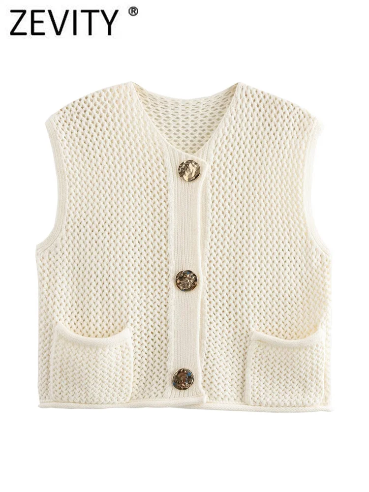 Zevity New Women Sleeveless Big Buttons Design Hollow Out Crochet Short Knitting Vest Sweater Female Chic Waistcoat Tops SW6265