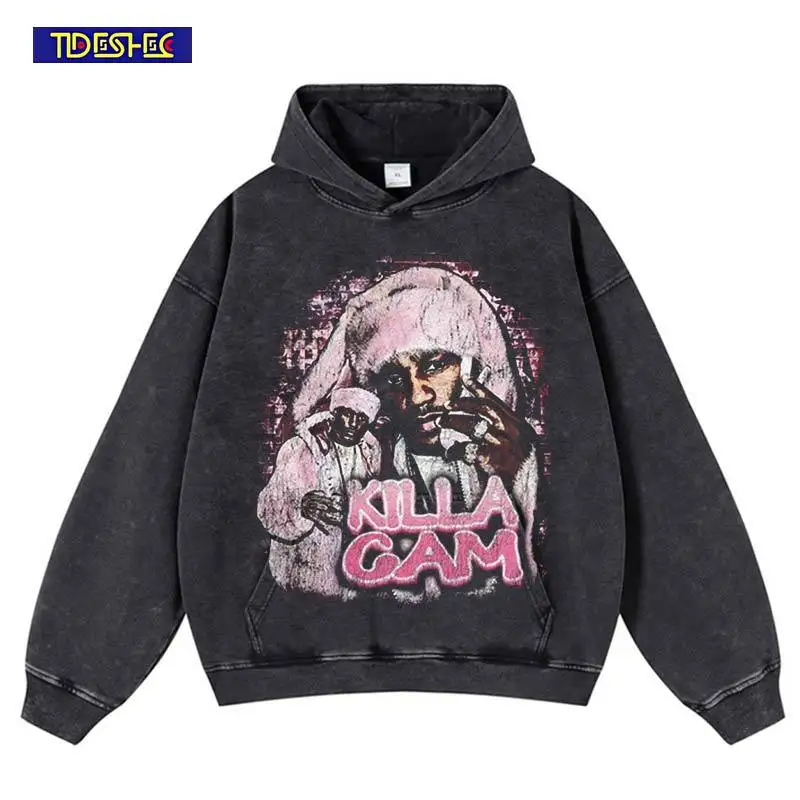 

Уличная одежда 2022, негабаритная эластичная толстовка в стиле Харадзюку в стиле хип-хоп, розовая толстовка с капюшоном и портретным принтом, винтажный стираный пуловер с капюшоном