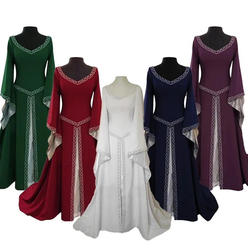 

Women Vintage Medieval Costume Dress Corset Waist Retro Renaissance Maxi Dress Ankle Long Dress Halloween Cosplay Dress