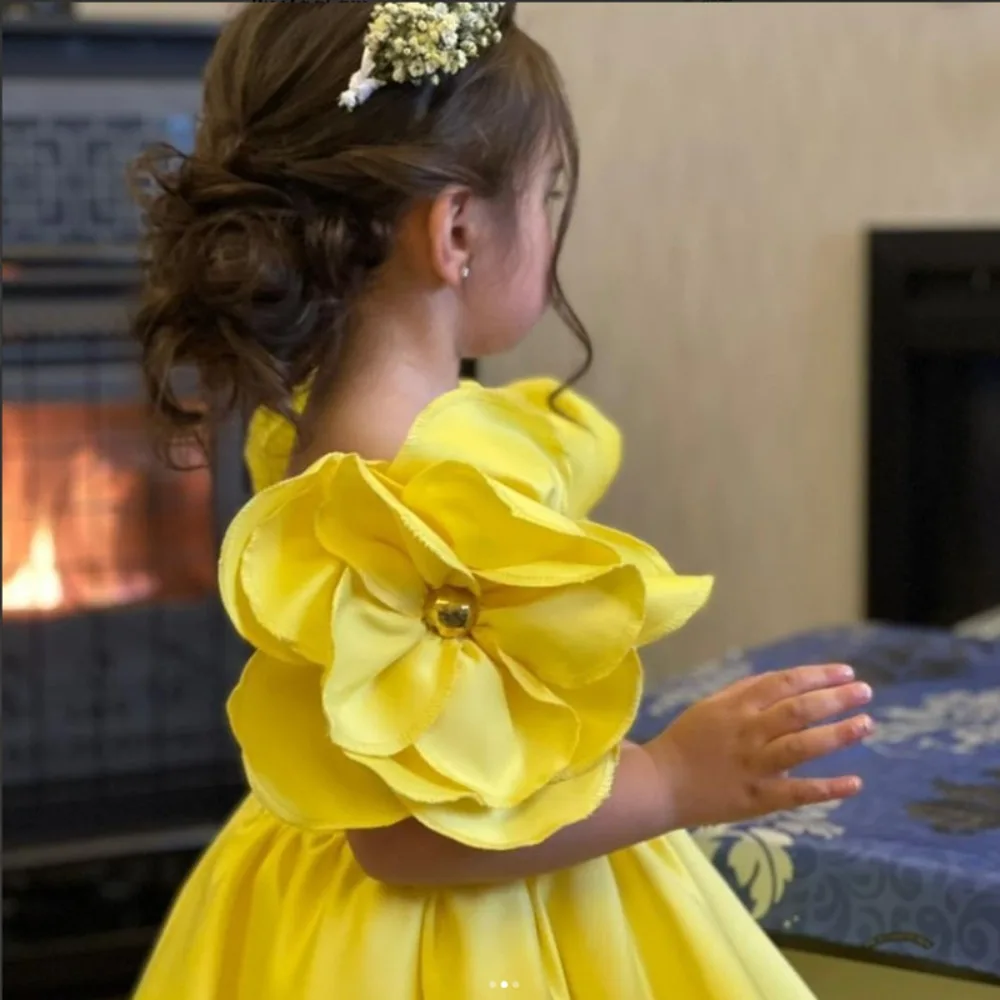 Bear Leader Girl\'s Yellow Flower Princess Dress Birthday Party Ball One Neck Collar Pleated Dresses Summer Gown for Kids