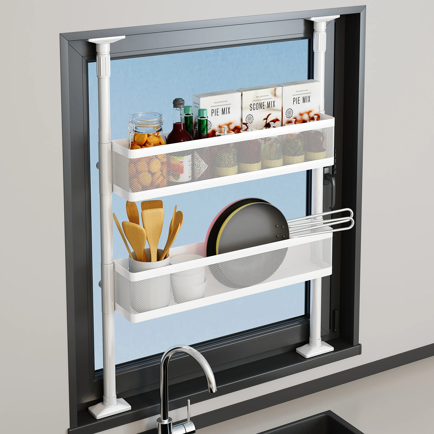 Multi-tier Kitchen Rack, Window Shelf Organizer, No-drill Spice Storage, Space-saving Extendable Design
