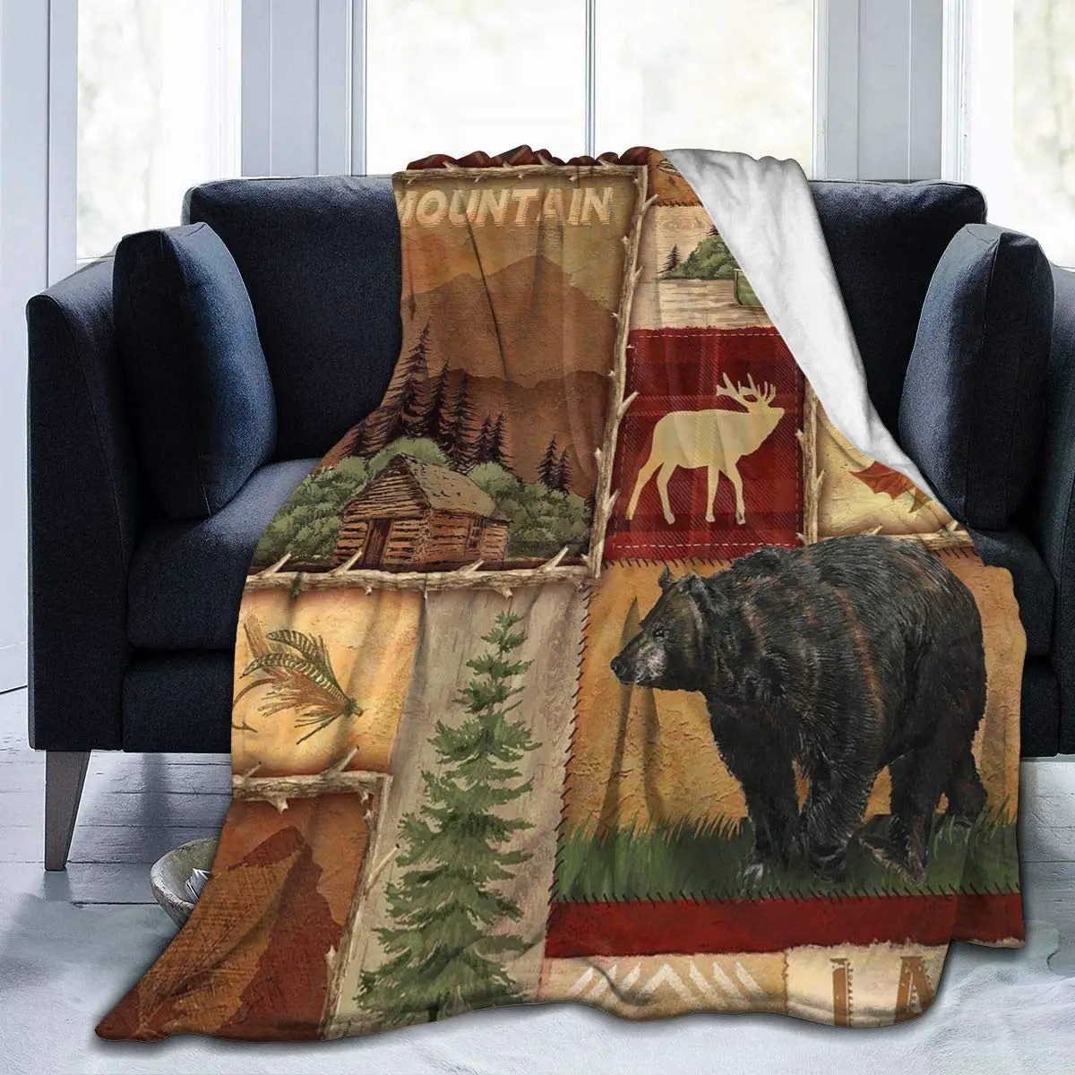 Blanket Rustic Lodge Bear Moose Deer Blanket Foldrable Throw Blanket Washable Couch Sofa Fuzzy Blanket Beach Blanket Home Office