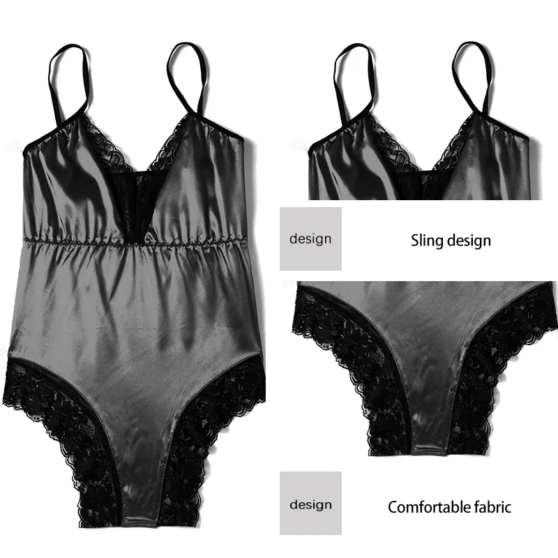Women\'s Spaghetti Strap Dress Solid Color V-Neck Lace Backless Sexy Lace up Black Home Wear Satin Pajamas