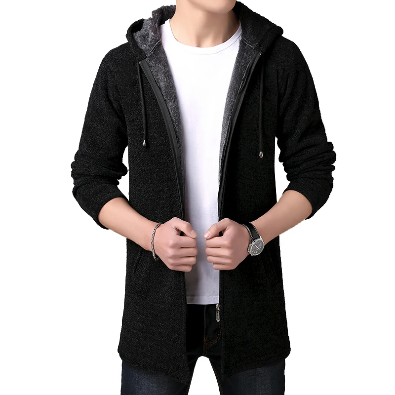 Winter New Plus Velvet hoodies Men's Jacket Hooded Trench Long Hooded Fleece Sweatercoat