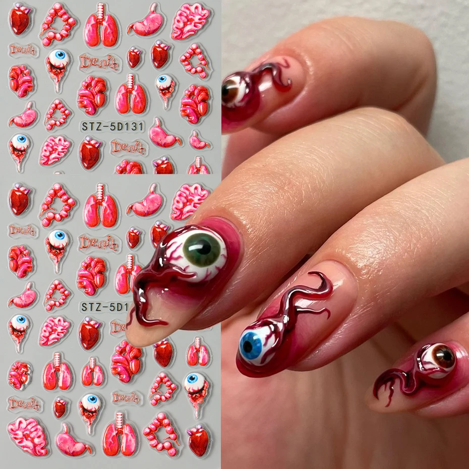 Halloween Nail Sticker 5D Embossed Creepy Internal Organs And Heart Decorations Designs Halloween-Themed Nail Decal Nail Decor