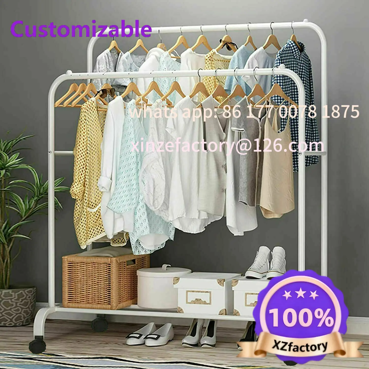 Customizable Heavy Duty Clothes Rack Garment Rail Rolling Stand Two Top Rod & Lower Storage