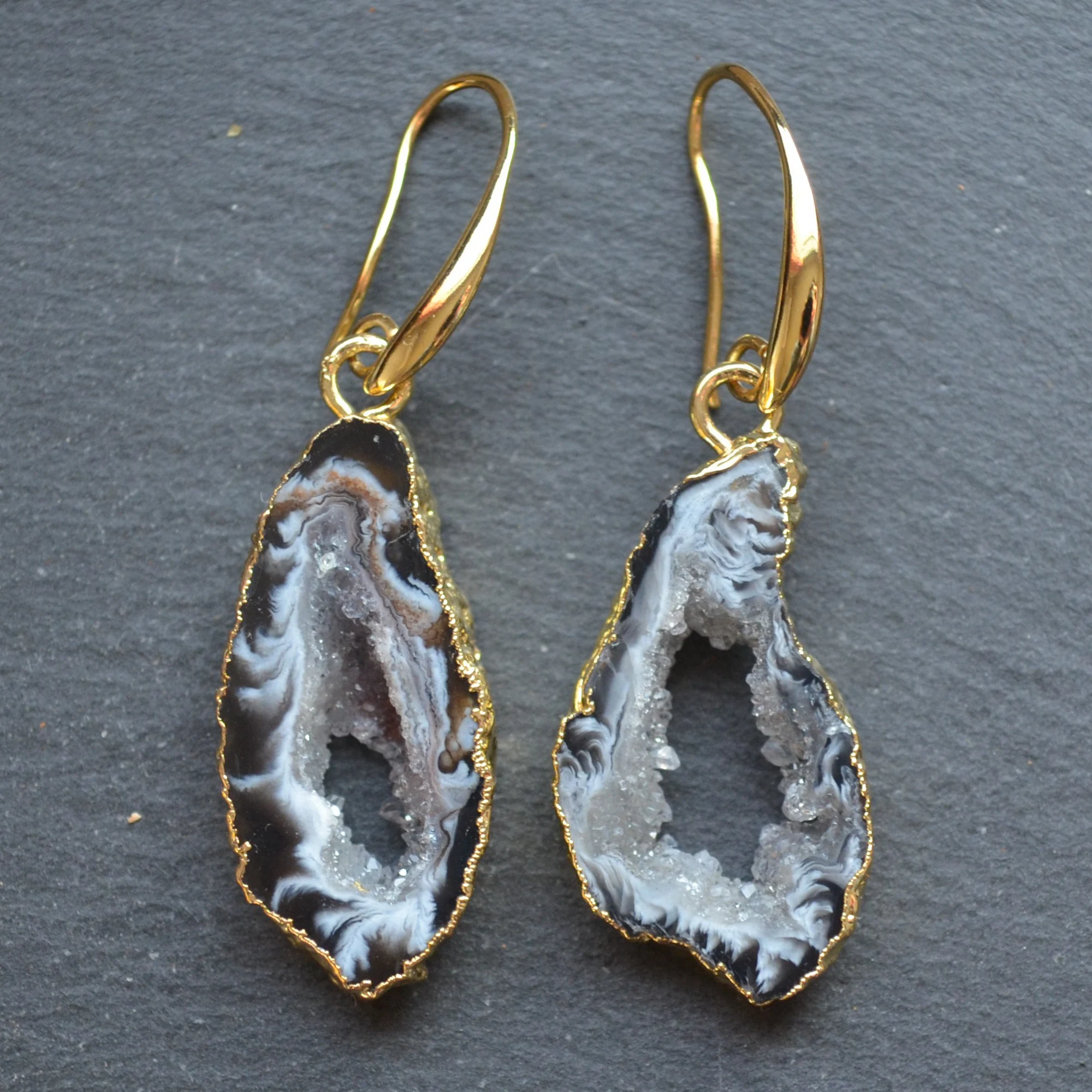 

Nature black and grey geode slice druzy dangle earring for women