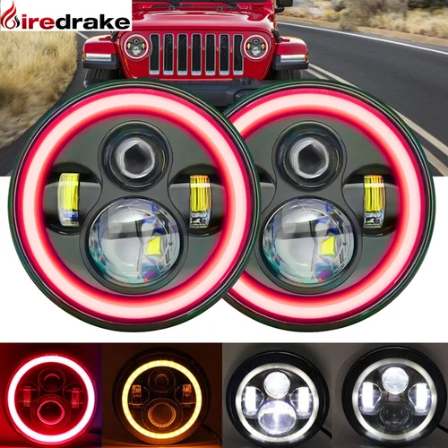 Faro Led redondo de 7 pulgadas H4 Halo rojo Ojos de Ángel faro 180W 6000K Wrangler Jeep faro Universal 18000LM lámpara de coche