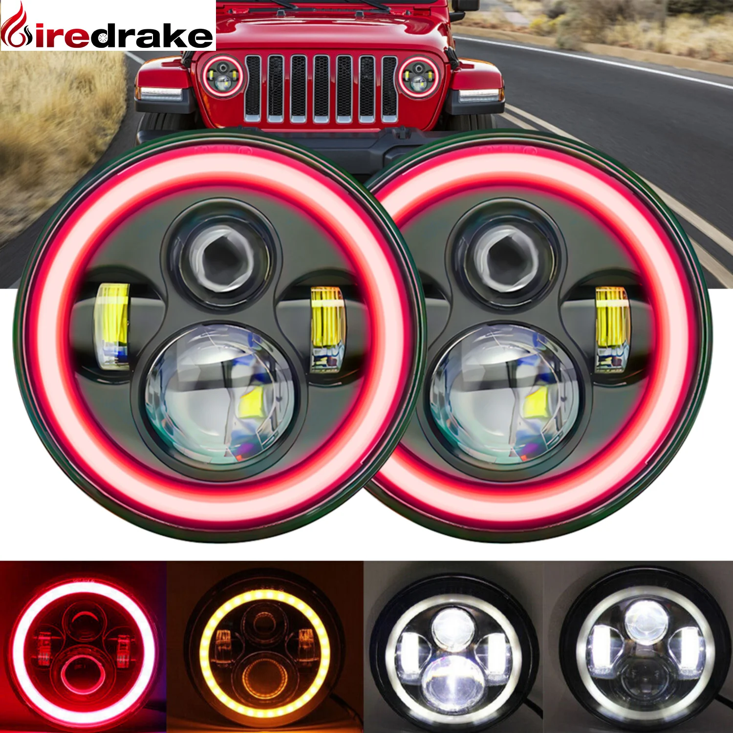 7inch Led Headlight Round H4 Red Halo Angel Eyes Headlight 180W 6000K Wrangler Jeep Universal Headlamp 18000LM Car Lamp 