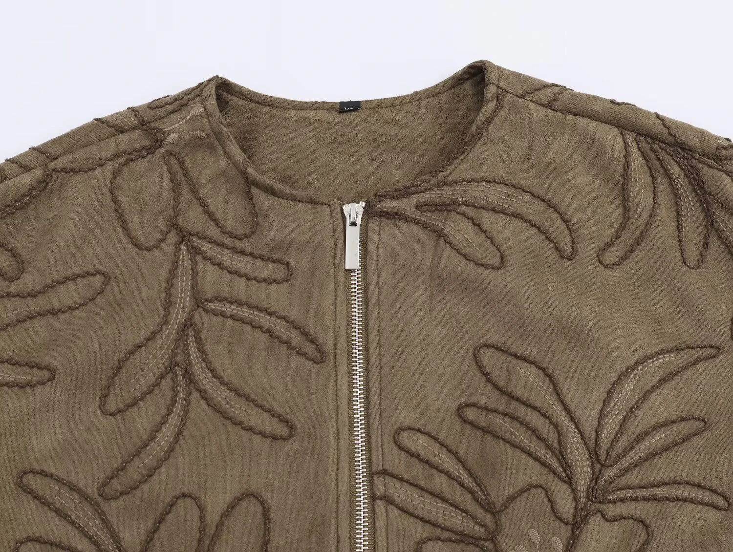 ZERAINS ملابس نسائية جديدة على الطراز الأوروبي والأمريكي من جلد الغزال برقبة دائرية مطرزة سترة طيار سترة قصيرة #6