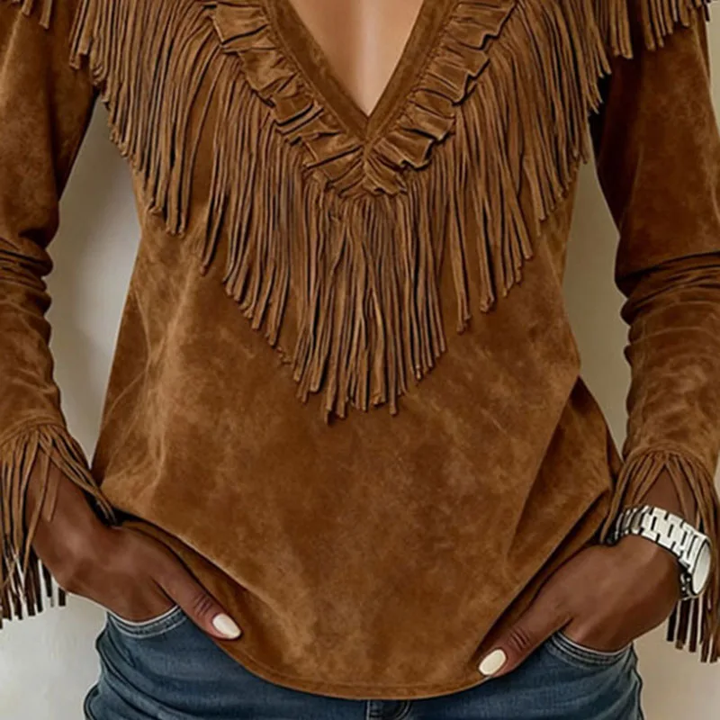Sexy Deep V Neck Hollow Tassel Blouses Woman Casual Solid Suede Retro Tops Shirt New Spring Autumn Long Sleeve Pullover Harajuku