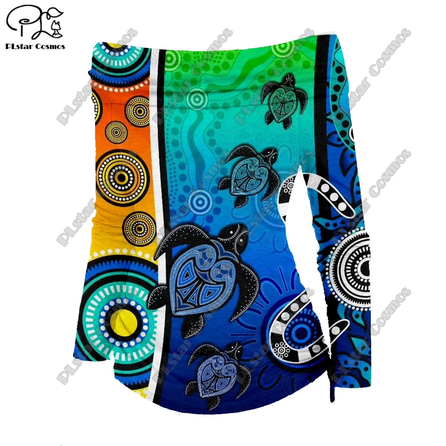 3D printed Hawaiian series colorful retro turtle pattern art print off-shoulder pleated tight T-shirt women's casual top   G-2