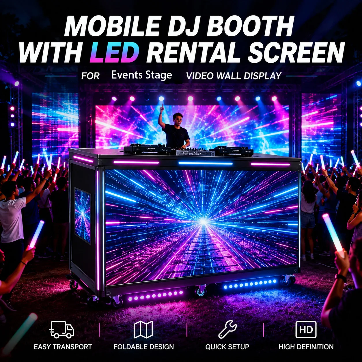 Factory Wholesale P3.91 LED DJ Booth Rental Grade Mobile Screen 5000cd Brightness IP65 Waterproof 5 Year Warranty for AV Company