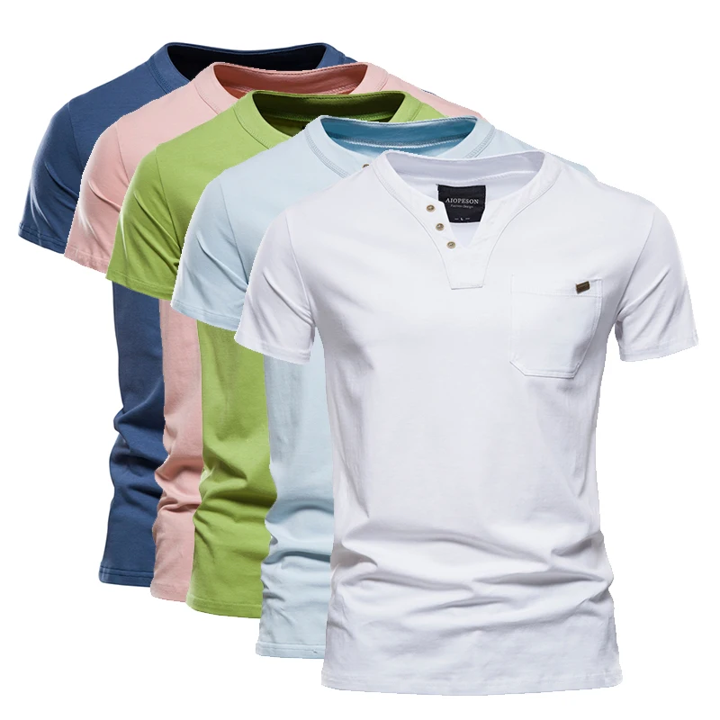 2023 letni Top jakości bawełniana koszulka męska jednolity kolor koszulka z dekoltem w serek Casual klasyczna męska odzież topy Tee Shirt Men