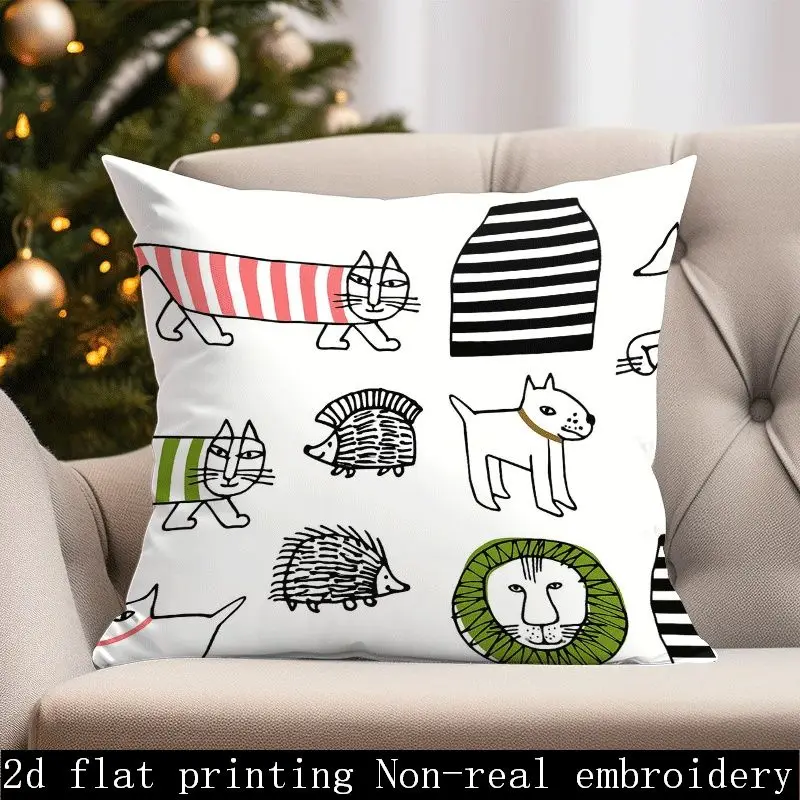 Double Sided Cute Cartoon Animal Pillow Cover Funny Cat Dog Lion Hedgehog Print Soft Throw Pillow Case for Kids Room Decor Gift