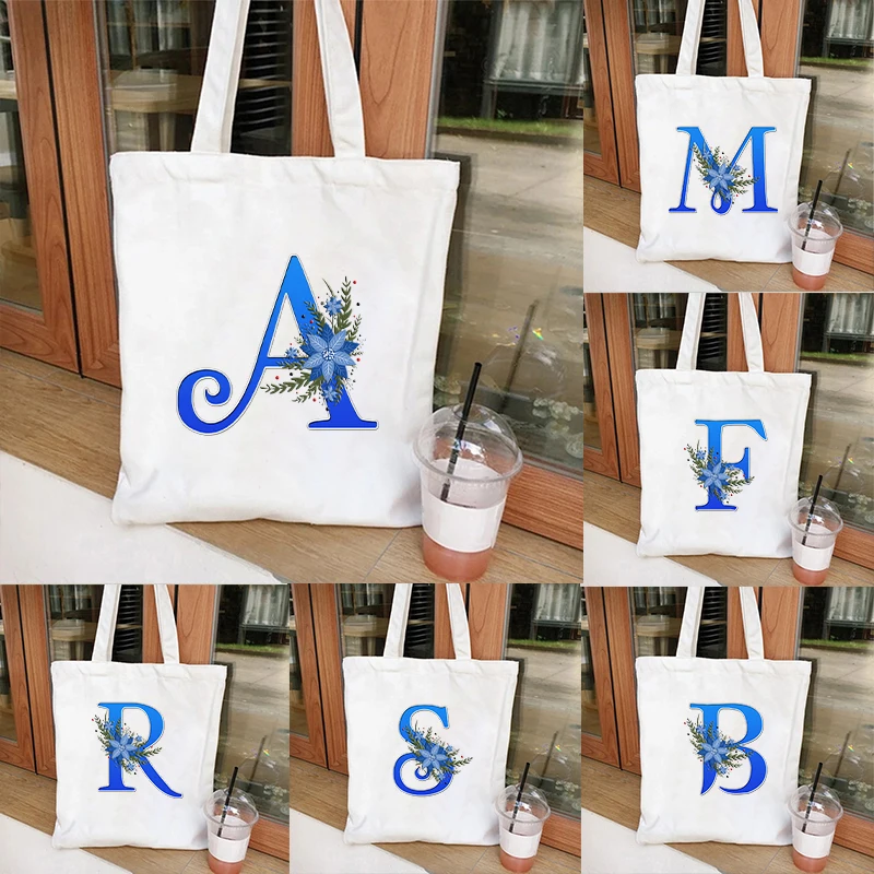 26 Alphabet Woman Shoulder Bag Shopper Canvas Blue Floral Letters Tote Bags Fashion Team Bride Party Shopping Bag Handbags