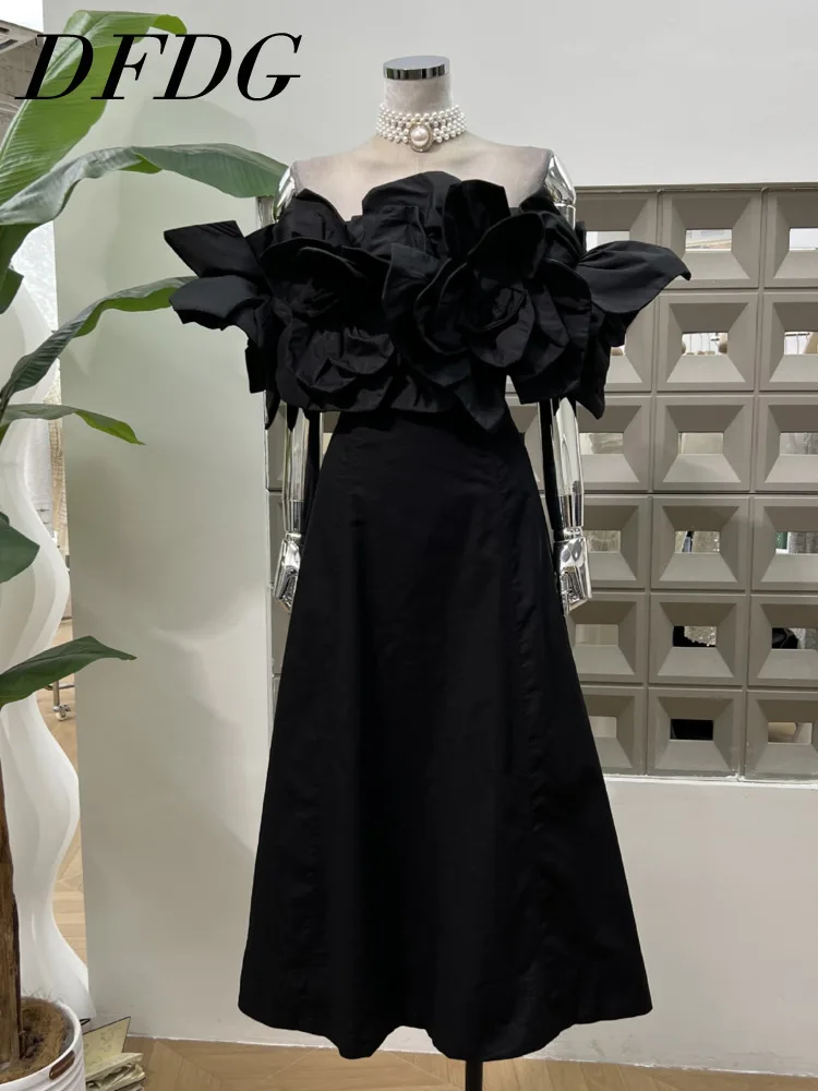 DFDG 2025 Women’s Elegant Handmade 3D Floral Applique Strapless Evening Gown Tulle Prom Party Dress Spring And Summer