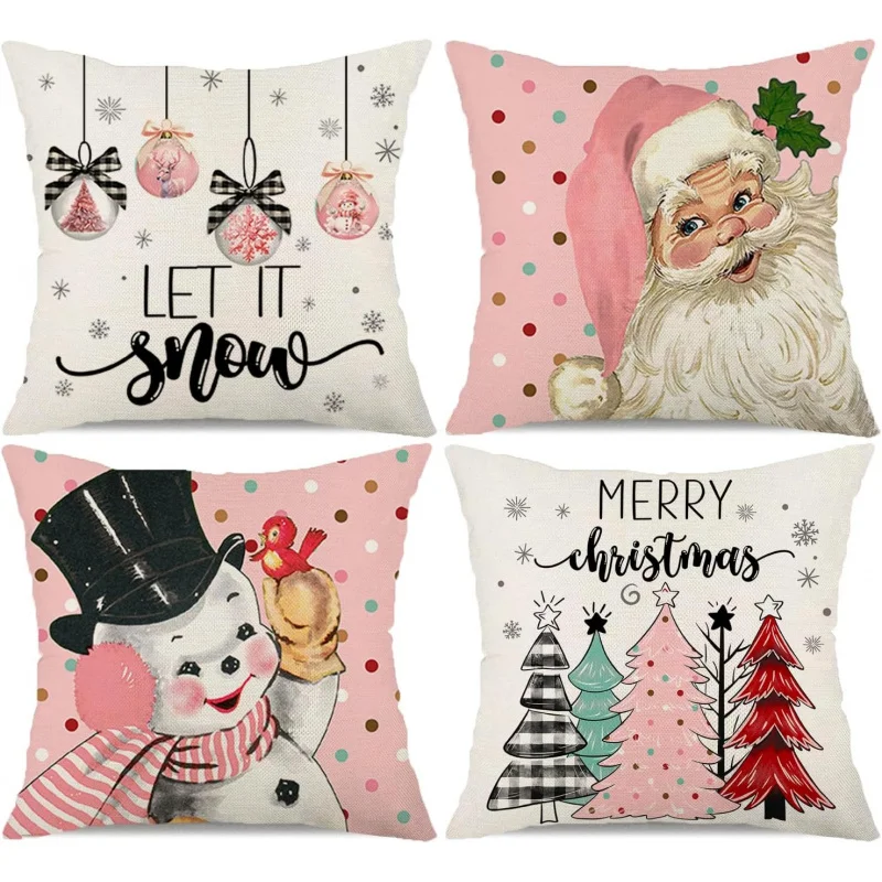 Pink Christmas Ornament Pillow Cases Set of 4 Winter Holidays Pillow Decoration Cushion Box