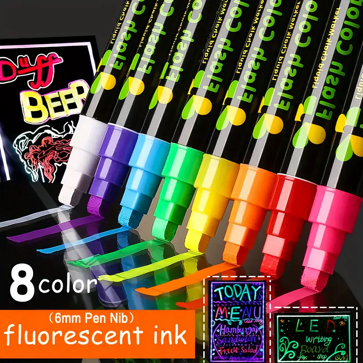 8pcs/set Fluorescent Chalk Marker Pens, Wet Erase for Glass, Blackboards & Non-Porous Surfaces, Washable - Ideal for Students