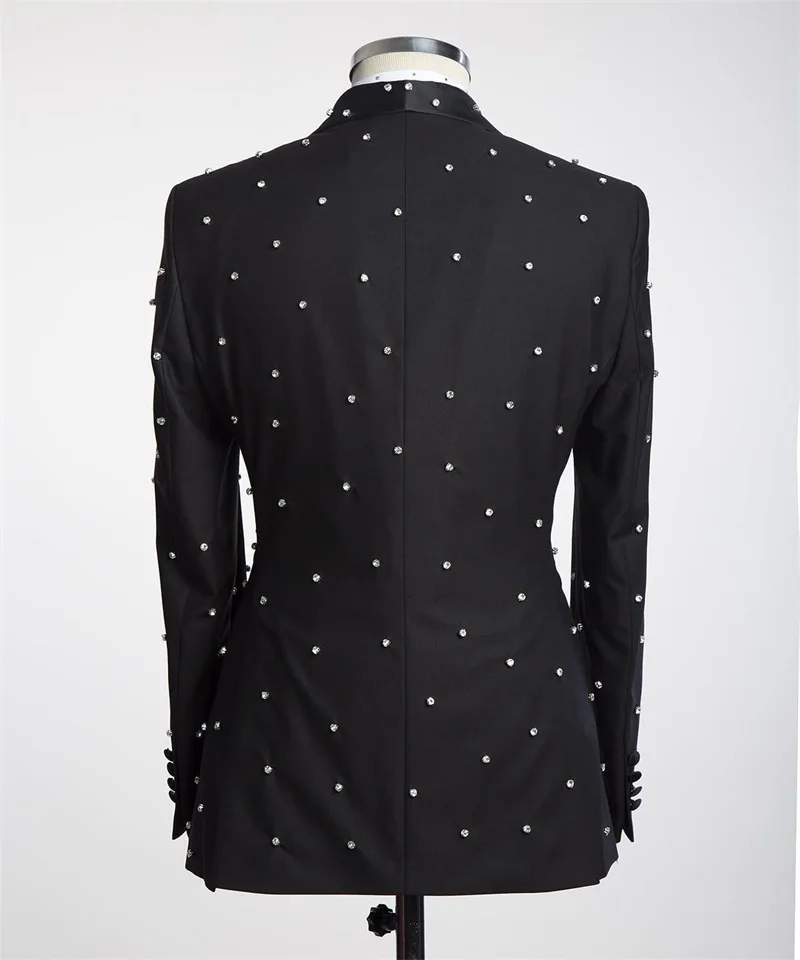 Set Setelan Pria Hitam Kristal 2 Potong Blazer + Celana Panjang Jaket Tuksedo Pernikahan Mantel Pria Katun Kantor Kancing Dua Baris Formal