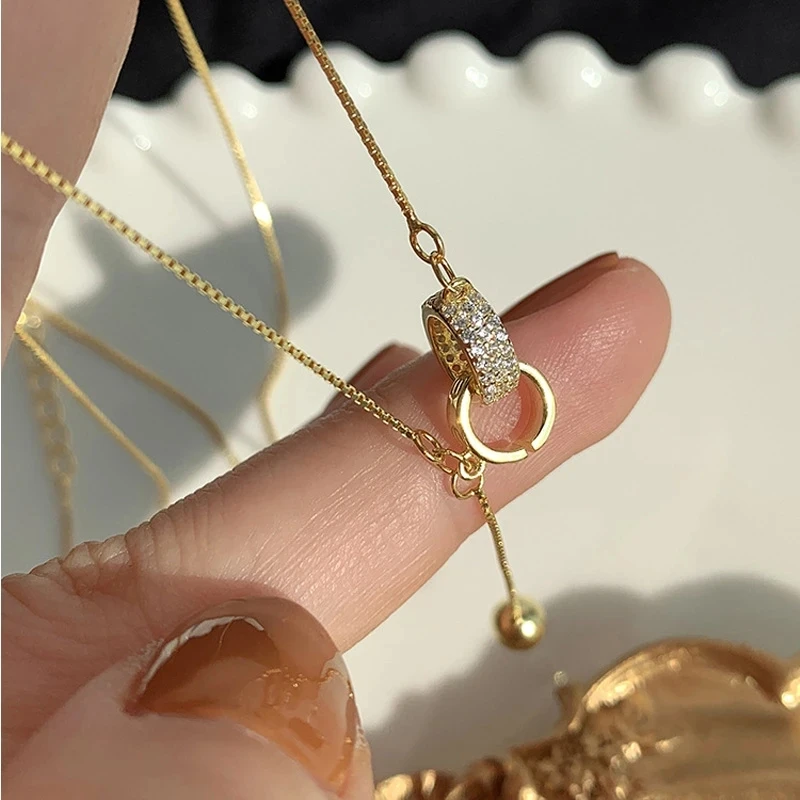 Trendy 925 Sterling Silver Round Bead Flashing Diamond Zircon Double Ring Pendant Necklace for Women Clavicle Chain Fine Jewelry