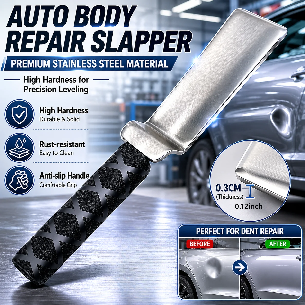 

PDR Tap Down Tool - Stainless Steel Paintless Dent Removal Knockdown Pad, Non-Slip Handle, Auto Body Fix for Hail & Door Dings