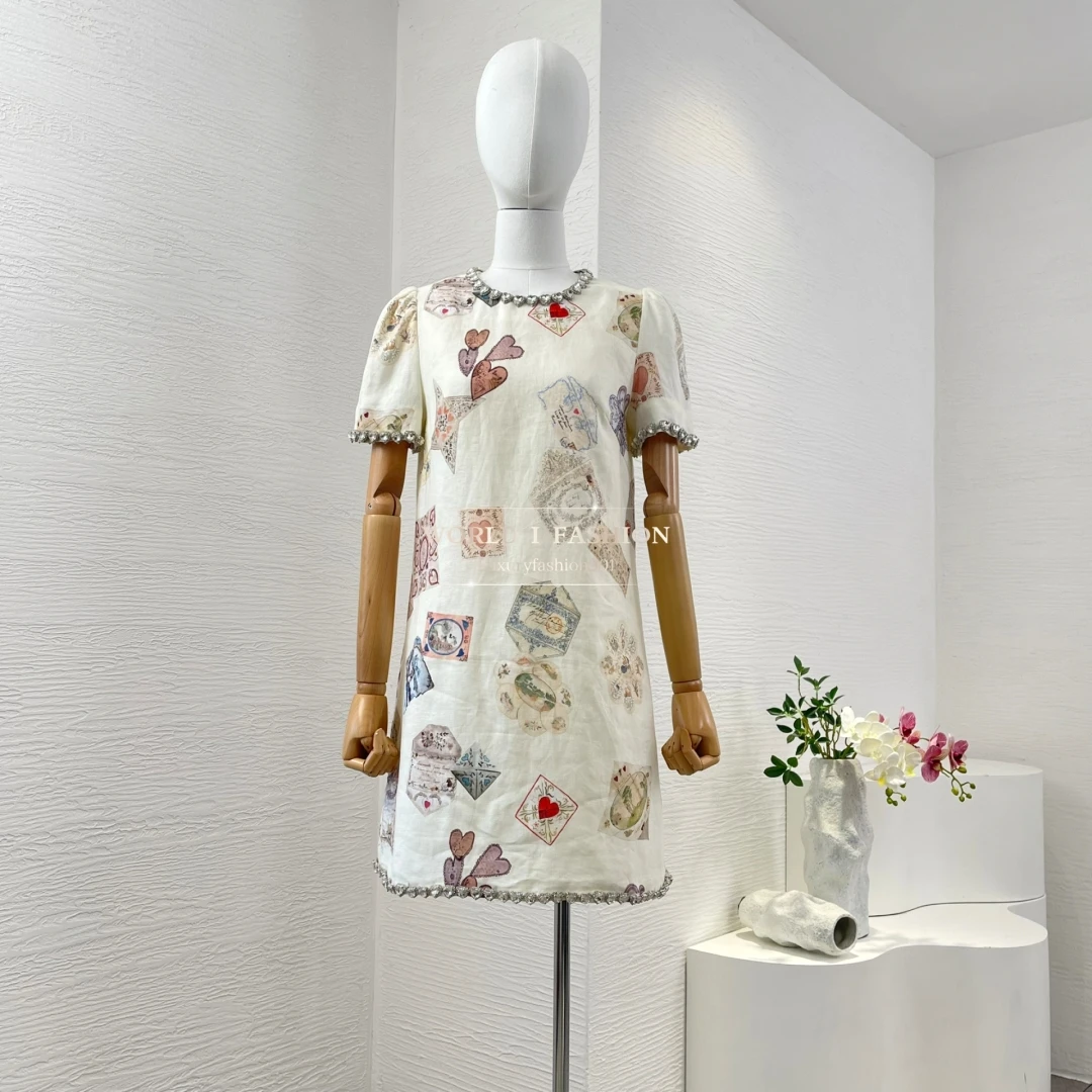 

New Arrivals High Quality Elegant White Short Sleeve O-neck Pure Linen Diamonds Women Mini Dress