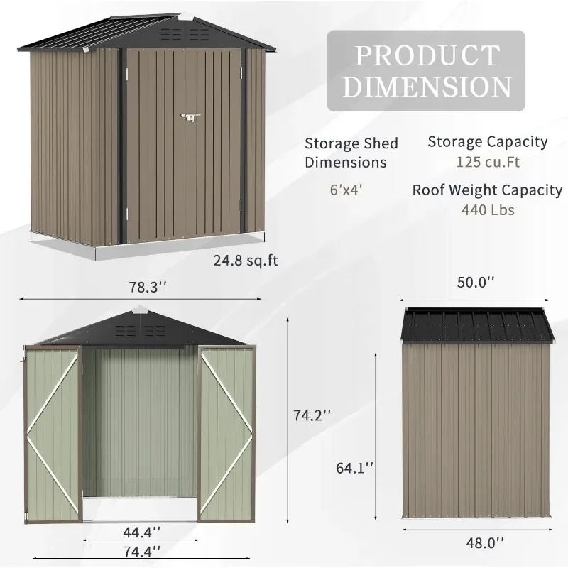 Imagem -06 - Metal Shed Storage House com Porta e Fechadura Utility Tool Steel Shelds Outdoor Storage 6ft x 4ft