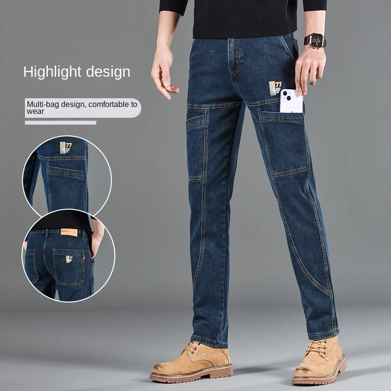 Jeans multi bolso masculino, moda slim fit, perna reta pequena, calça casual elástica versátil, nova, 2024