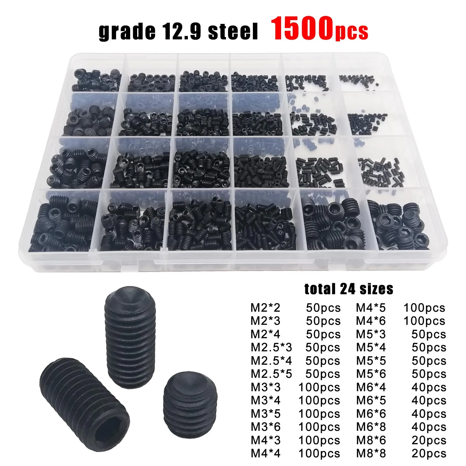 500/1500X M2 M2.5 M3 M4 M5 M6 M8 DIN916 304 Stainless Steel Black Hex Hexagon Socket Allen Cup Point Grub Bolt Set Screw Kit Box