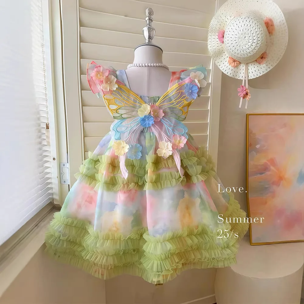 Girls Green Butterfly Wing Princess Dress – Fairy Costume Performance Gown, Toddler Kids Party Outfit Girls Clothes